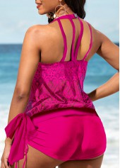 Hot Pink swimwear,Plain Color swimwear,ROTITA Bib Neck Rose Red Drawstring Side Tankini Set