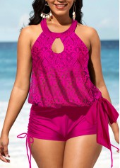 Hot Pink swimwear,Plain Color swimwear,ROTITA Bib Neck Rose Red Drawstring Side Tankini Set