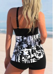 Black swimwear,Geometric swimwear,ROTITA Textured Print Black Contrast Tankini Top