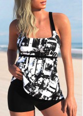 Textured Print Black Contrast Tankini Set