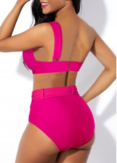 Hot Pink swimwear,Plain Color swimwear,ROTITA High Waisted One Shoulder Hot Pink Bikini Set
