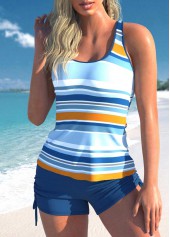 Multi Color swimwear,Striped swimwear,ROTITA Stripe Print Cutout Multi Color Tankini Set