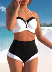 Black swimwear,Contrast Color swimwear,ROTITA High Waisted Retro Contrast Black Bikini Set