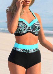 Cyan swimwear,Paisley swimwear,ROTITA Paisley Print Cyan High Waisted Bikini Set