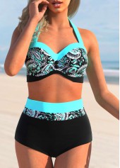 ROTITA Paisley Print Cyan High Waisted Bikini Set