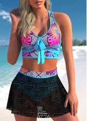 ROTITA Lace Patchwork Geometric Print High Waisted Bikini Set