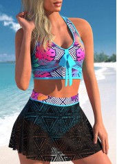 Multi Color swimwear,Geometric swimwear,ROTITA Lace Patchwork Geometric Print High Waisted Bikini Set