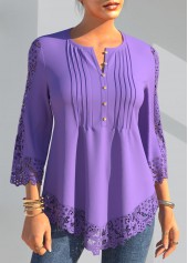 Light Purple tops,Plain Color tops,ROTITA Light Purple Lace Panel Crinkle Chest Blouse