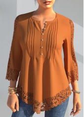 ROTITA Lace Panel Crinkle Chest Coral Orange Blouse