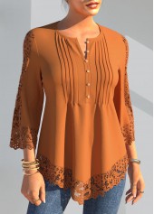 Orange tops,Plain Color tops,ROTITA Lace Panel Crinkle Chest Coral Orange Blouse