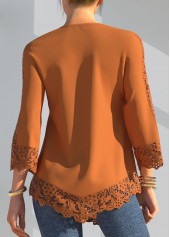 Orange tops,Plain Color tops,ROTITA Lace Panel Crinkle Chest Coral Orange Blouse