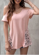 Light Pink tops,Plain Color tops,Cold Shoulder Light Pink Lace Patchwork T Shirt