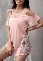 Cold Shoulder Light Pink Lace Patchwork T Shirt