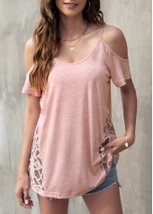 Light Pink tops,Plain Color tops,Cold Shoulder Light Pink Lace Patchwork T Shirt