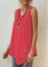 Coral tops,Plain Color tops,ROTITA Asymmetric Hem Coral Red Decorative Button Tank Top
