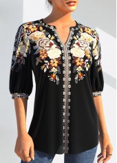 Black tops,Floral tops,ROTITA Floral Tribal Print Split Neck Black Blouse