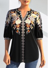 ROTITA Floral Tribal Print Split Neck Black Blouse