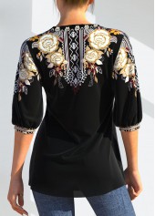 Black tops,Floral tops,ROTITA Floral Tribal Print Split Neck Black Blouse