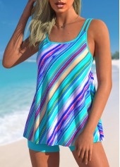 Cyan swimwear,Striped swimwear,ROTITA Cyan Geometric Stripe Print Tankini Set