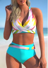 ROTITA Cross Front Colorful Print High Waisted Bikini Set