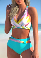 Cyan swimwear,Dazzle Colorful swimwear,ROTITA Cross Front Colorful Print High Waisted Bikini Set