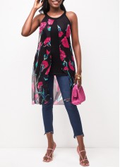 Hot Pink tops,Floral tops,Hot Pink Chiffon Sleeveless Floral Print Blouse