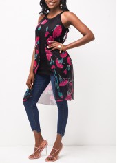 Hot Pink tops,Floral tops,Hot Pink Chiffon Sleeveless Floral Print Blouse