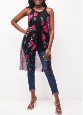 Hot Pink Chiffon Sleeveless Floral Print Blouse
