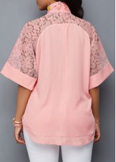 Pink tops,Plain Color tops,ROTITA Lace Stitching Pink Asymmetric Hem Blouse