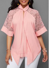 ROTITA Lace Stitching Pink Asymmetric Hem Blouse