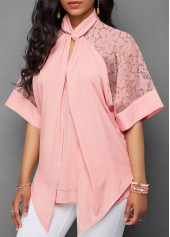 Pink tops,Plain Color tops,ROTITA Lace Stitching Pink Asymmetric Hem Blouse