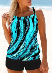 Striped Cyan Polka Dot Cross Strap Tankini Set