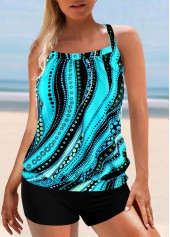 Cyan swimwear,Dot swimwear,ROTITA Striped Cyan Polka Dot Cross Strap Tankini Top