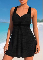 Black swimwear,Plain Color swimwear,ROTITA Cross Strap Wave Mesh Black Swimdress Top