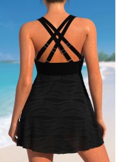 Black swimwear,Plain Color swimwear,ROTITA Cross Strap Wave Mesh Black Swimdress Top