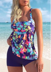 Purple swimwear,Plants swimwear,ROTITA Leaf Print Purple Wide Strap Tankini Set