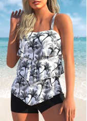 White swimwear,Plants swimwear,ROTITA Coconut Print White Layered Hem Tankini Top