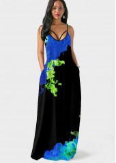 Blue dresses,Graphic dresses,ROTITA Blue Spaghetti Strap Printed Double Side Pockets Dress