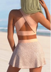 Light Pink swimwear,Plain Color swimwear,ROTITA Light Pink Lace Panel High Waisted Bikini Set