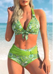 ROTITA Paisley Print Halter Green Bikini Set