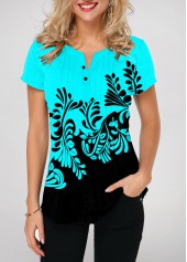 ROTITA Split Neck Cyan Contrast Printed T Shirt