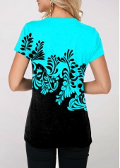 Cyan tops,Floral tops,ROTITA Split Neck Cyan Contrast Printed T Shirt