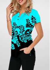 Cyan tops,Floral tops,ROTITA Split Neck Cyan Contrast Printed T Shirt