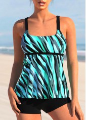 Wide Strap Striped Cyan Tankini Set