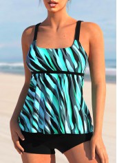 Cyan swimwear,Striped swimwear,ROTITA Wide Strap Striped Cyan Tankini Top