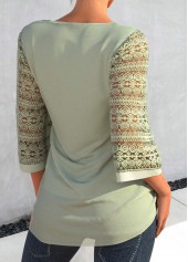 Sage Green tops,Plain Color tops,ROTITA Sage Green Decorative Button Lace Patchwork T Shirt