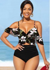 Floral Print Flounce Black High Waisted Bikini Set