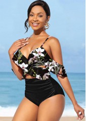 Black swimwear,Floral swimwear,Floral Print Flounce Black High Waisted Bikini Set