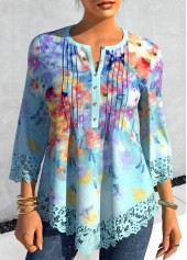 ROTITA Floral Print Light Blue Asymmetric Hem Blouse