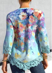 Light Blue tops,Floral tops,ROTITA Floral Print Light Blue Asymmetric Hem Blouse